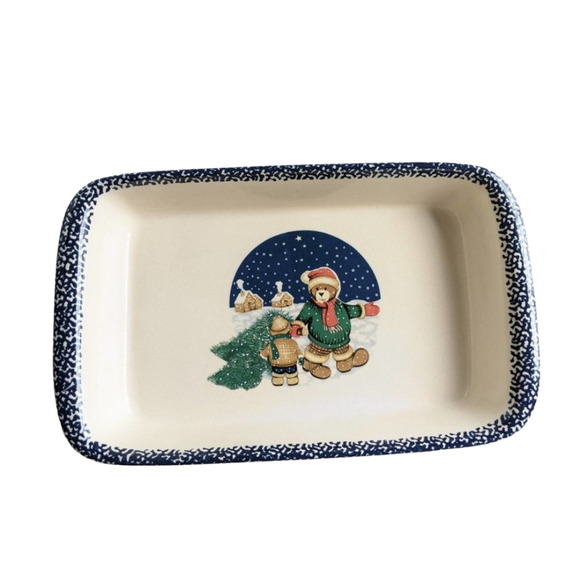 Vtg Christmas Casserole Baking Dish Holiday Bear Family ABC Distributing 9x14 - Picture 1 of 12